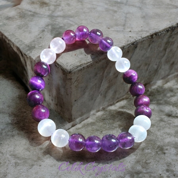 Amethyst, Purple Tiger Eye, Selenite Bracelet Natural Stones 8mm Stretches - Picture 1 of 6